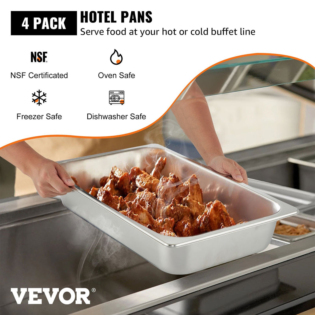 4 Pack Hotel Pan 3.7" Deep Steam Table Pan Full Size with Lid 20.8"L x 13"W Hotel Pan 22 Gauge Stainless Steel Anti Jam Steam Table Pan