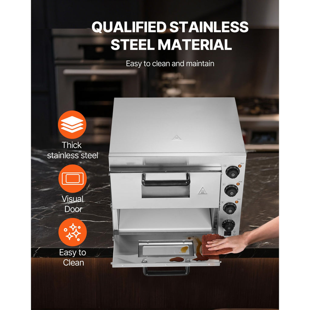 Commercial Pizza Oven Countertop, 16-Inch Double Deck Layers, Stainless Steel Electric Pizza Oven with Stone and Handle, Multipurpose Indoor Pizza Maker for Restaurant Home Pretzels Baked