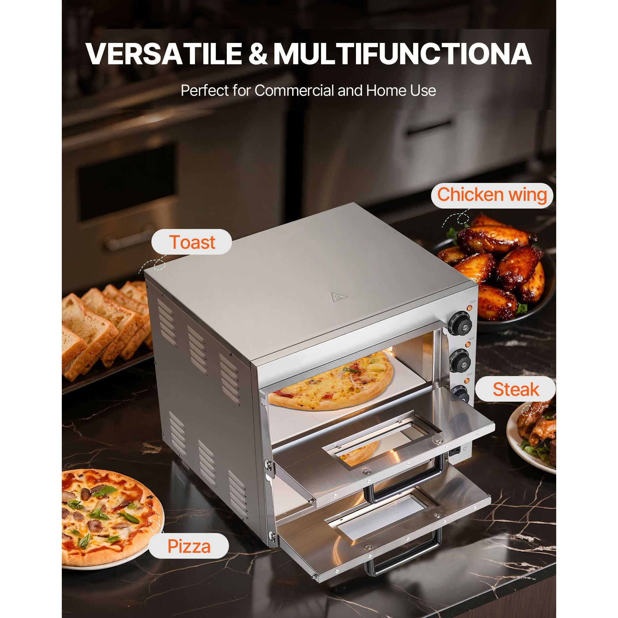 Commercial Pizza Oven Countertop, 16-Inch Double Deck Layers, Stainless Steel Electric Pizza Oven with Stone and Handle, Multipurpose Indoor Pizza Maker for Restaurant Home Pretzels Baked
