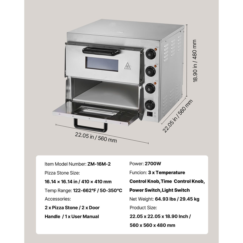 Commercial Pizza Oven Countertop, 16-Inch Double Deck Layers, Stainless Steel Electric Pizza Oven with Stone and Handle, Multipurpose Indoor Pizza Maker for Restaurant Home Pretzels Baked
