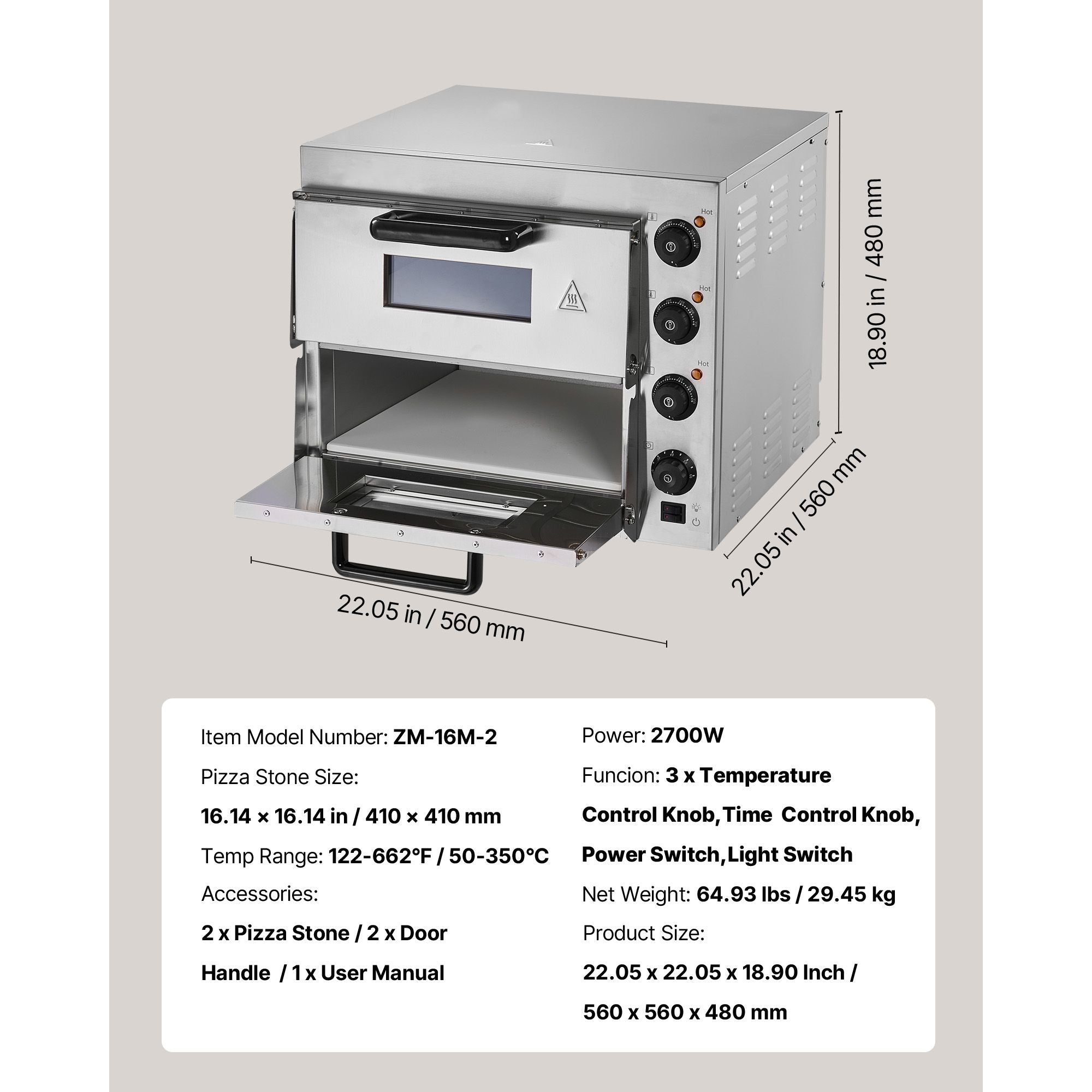 Commercial Pizza Oven Countertop, 16-Inch Double Deck Layers, Stainless Steel Electric Pizza Oven with Stone and Handle, Multipurpose Indoor Pizza Maker for Restaurant Home Pretzels Baked