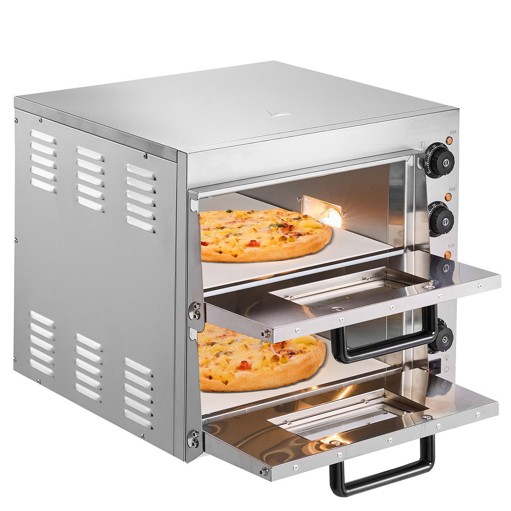 Commercial Pizza Oven Countertop, 16-Inch Double Deck Layers, Stainless Steel Electric Pizza Oven with Stone and Handle, Multipurpose Indoor Pizza Maker for Restaurant Home Pretzels Baked