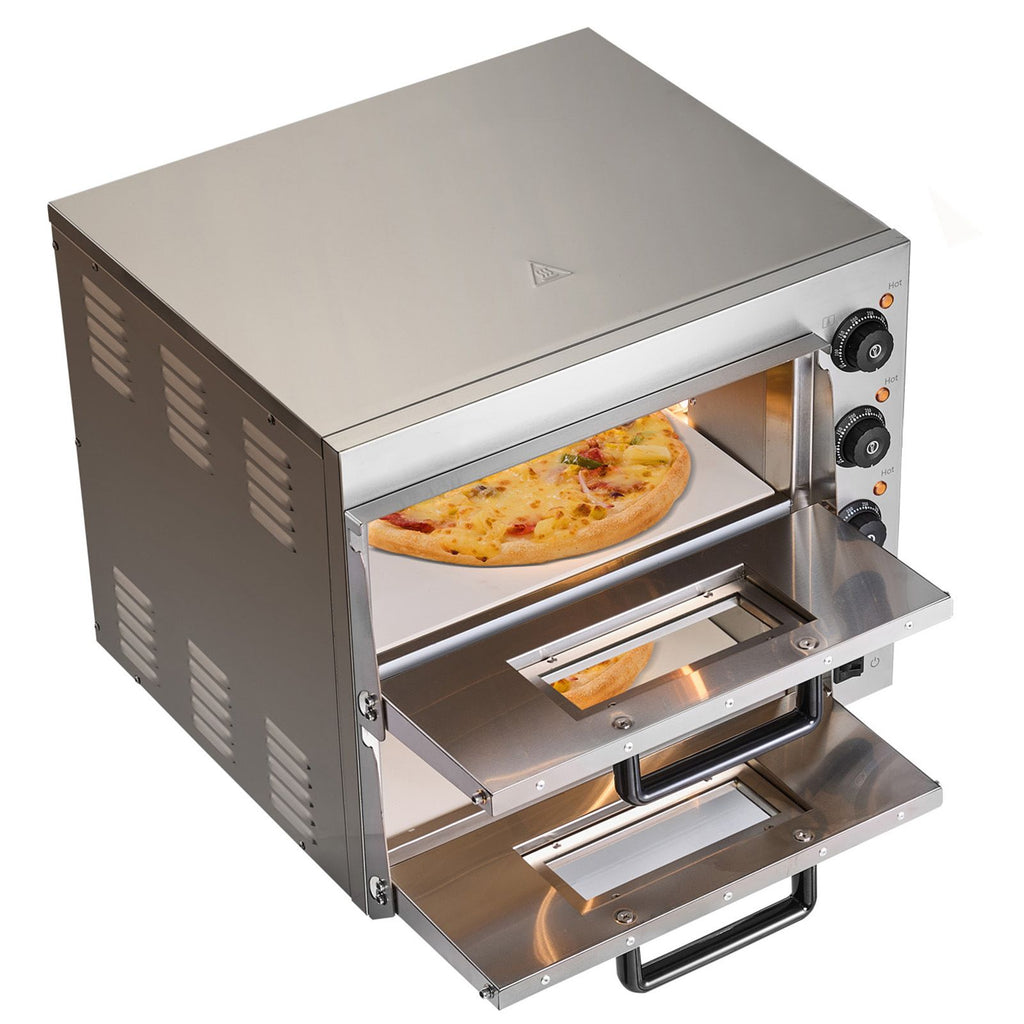 Commercial Pizza Oven Countertop, 16-Inch Double Deck Layers, Stainless Steel Electric Pizza Oven with Stone and Handle, Multipurpose Indoor Pizza Maker for Restaurant Home Pretzels Baked