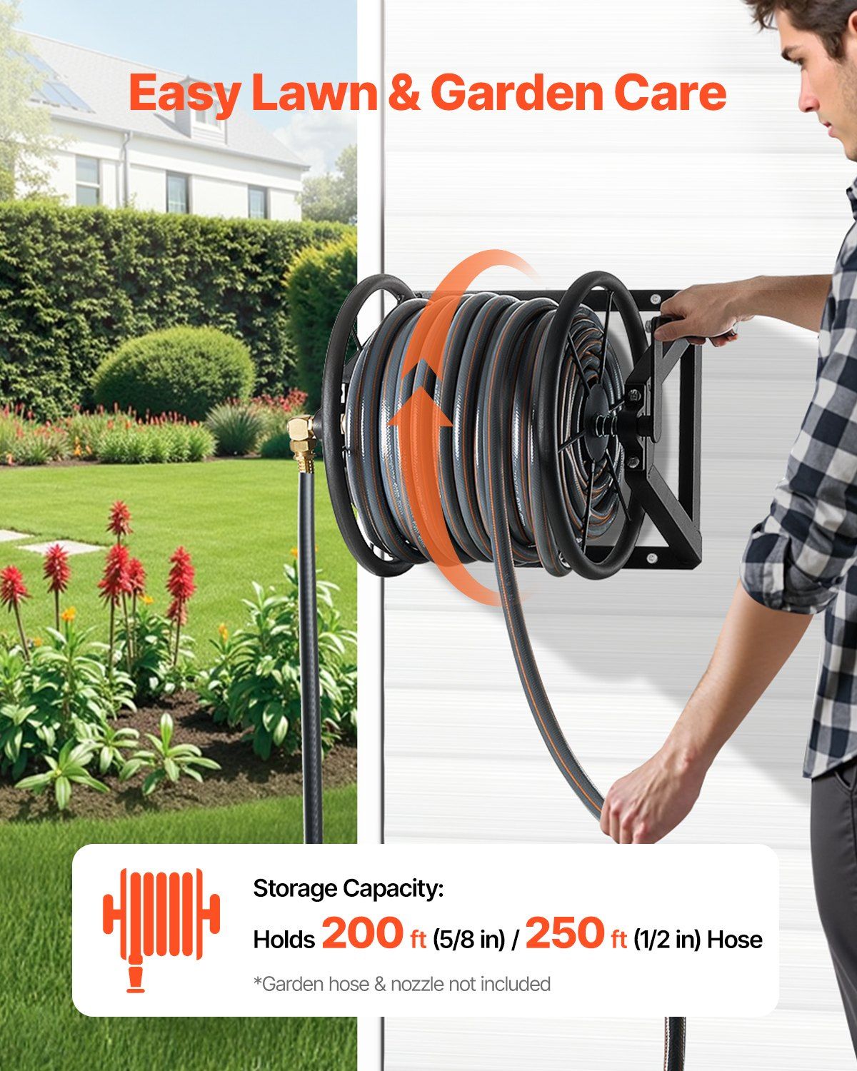 Wall Mounted Garden Hose Reel, Holds 200 ft 5/8-inch Manual Water Hose Winder, Heavy-Duty Steel, Outdoor Reel with Brass Fitting & 5ft Leader Hose, Space Saving, for Yard Lawn Garage Secondary image