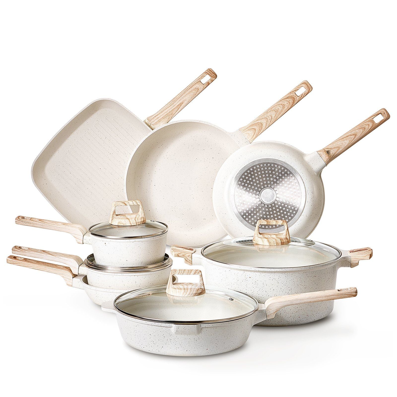 19 Piece Pots and Pans Set Nonstick, Granite Cookware Set, Induction Cookwares, Kitchen RV Cooking Sets with Frying, Sauce, Saute, Tempered Glass Lids, and Pan Protectors, White Main image