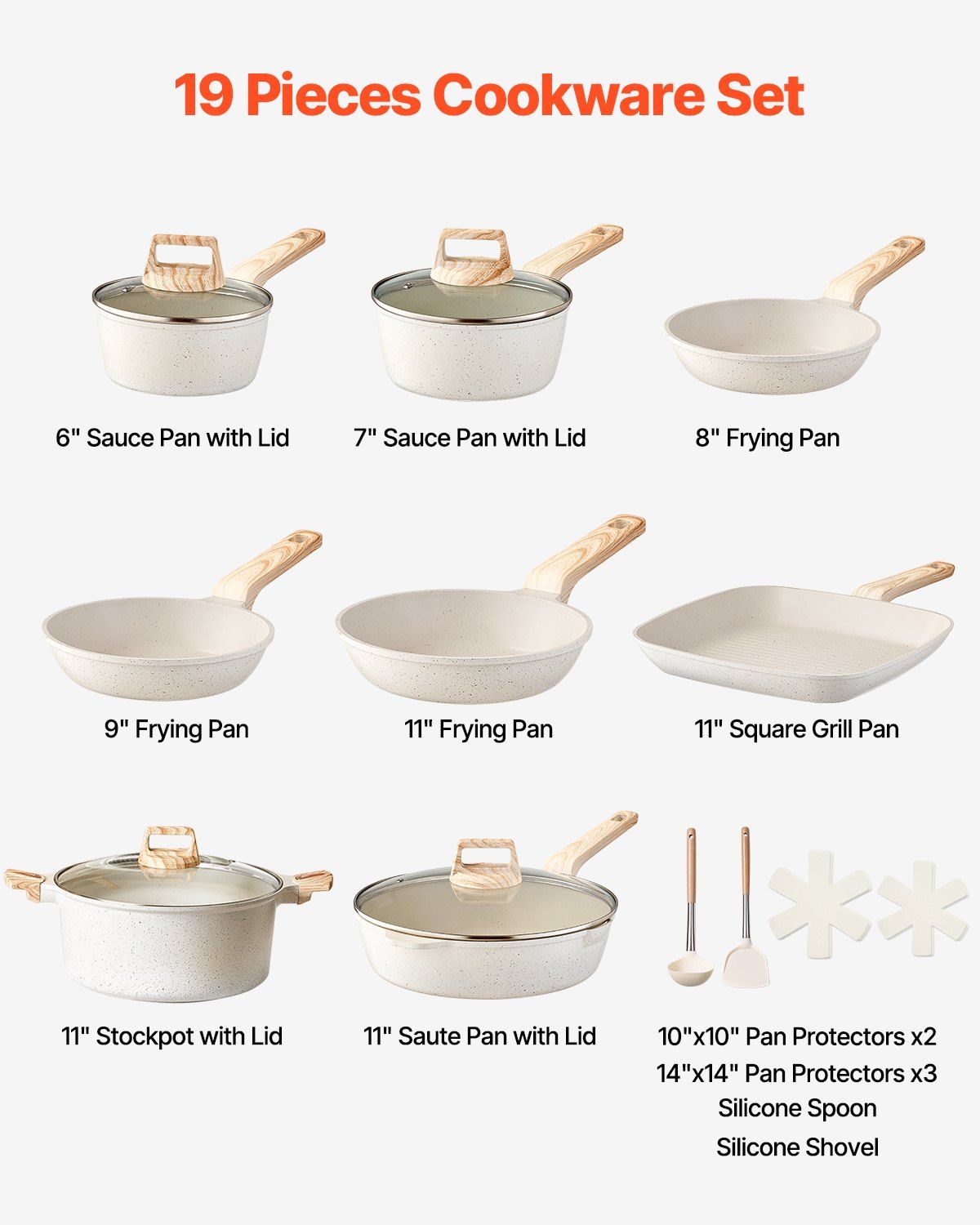 19 Piece Pots and Pans Set Nonstick, Granite Cookware Set, Induction Cookwares, Kitchen RV Cooking Sets with Frying, Sauce, Saute, Tempered Glass Lids, and Pan Protectors, White Secondary image