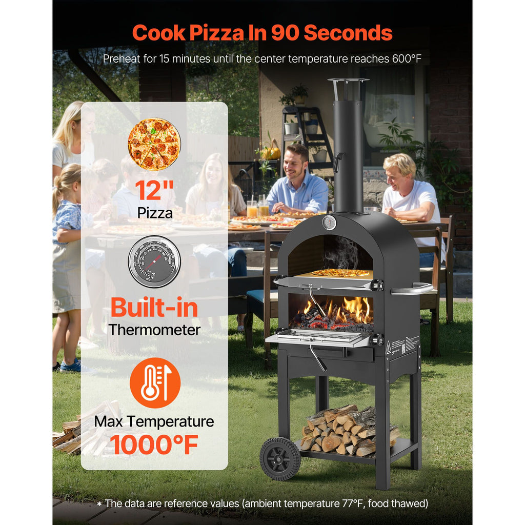 Outdoor Pizza Oven, 12" Pellet Fire Ovens, 2-Layer Pizza Oven Wood Fired, Wood Burning Outdoor Pizza-Oven with 2 Removable Wheels, 1000℉ Max Temperature Fired Pizza-Maker Ovens for Barbecue