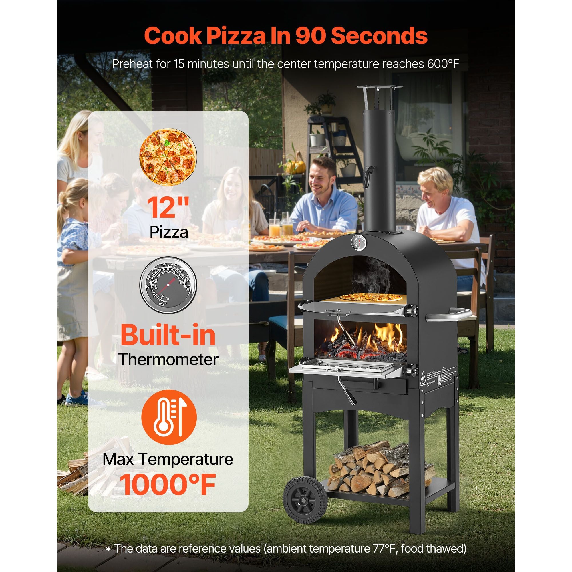 Outdoor Pizza Oven, 12" Pellet Fire Ovens, 2-Layer Pizza Oven Wood Fired, Wood Burning Outdoor Pizza-Oven with 2 Removable Wheels, 1000℉ Max Temperature Fired Pizza-Maker Ovens for Barbecue
