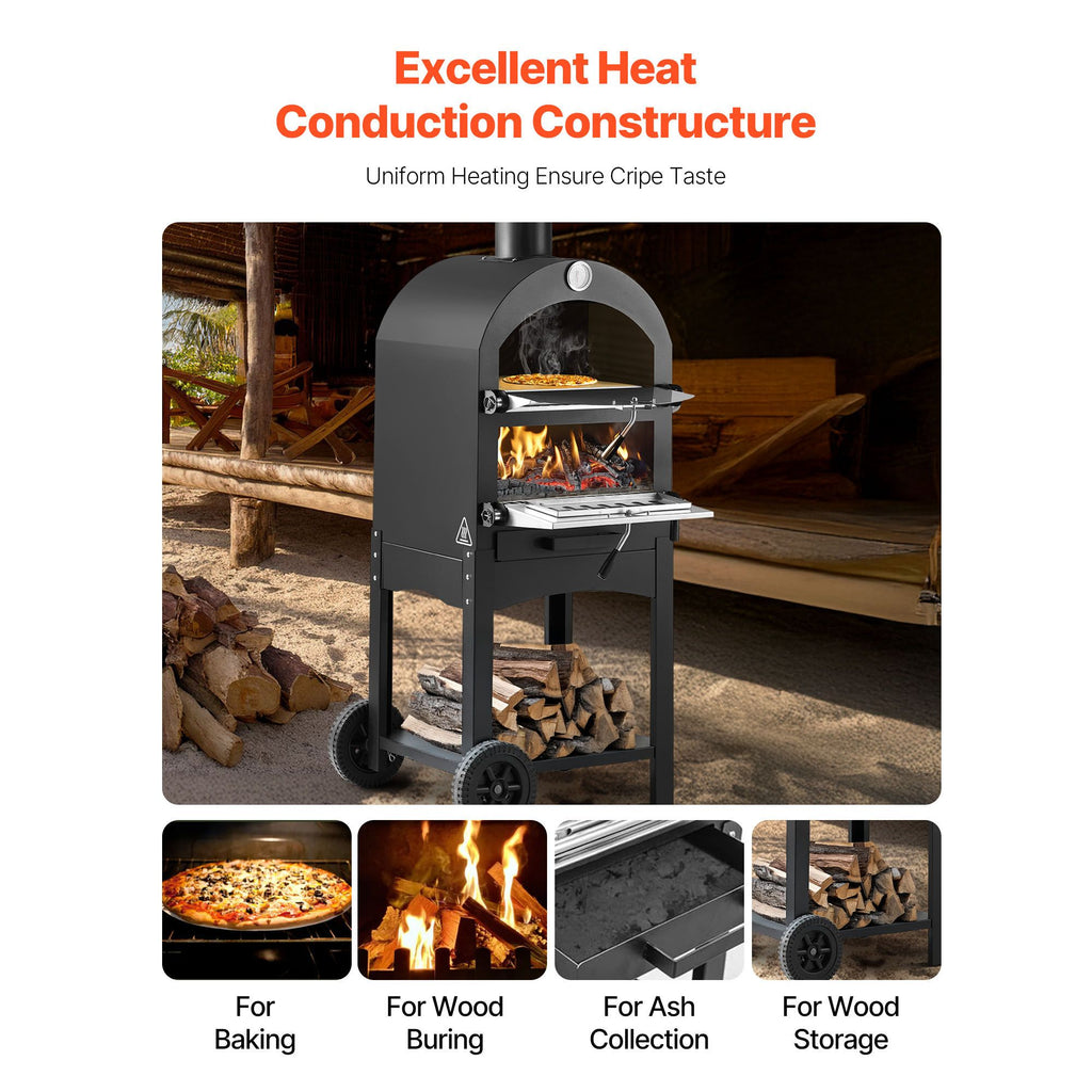 Outdoor Pizza Oven, 12" Pellet Fire Ovens, 2-Layer Pizza Oven Wood Fired, Wood Burning Outdoor Pizza-Oven with 2 Removable Wheels, 1000℉ Max Temperature Fired Pizza-Maker Ovens for Barbecue