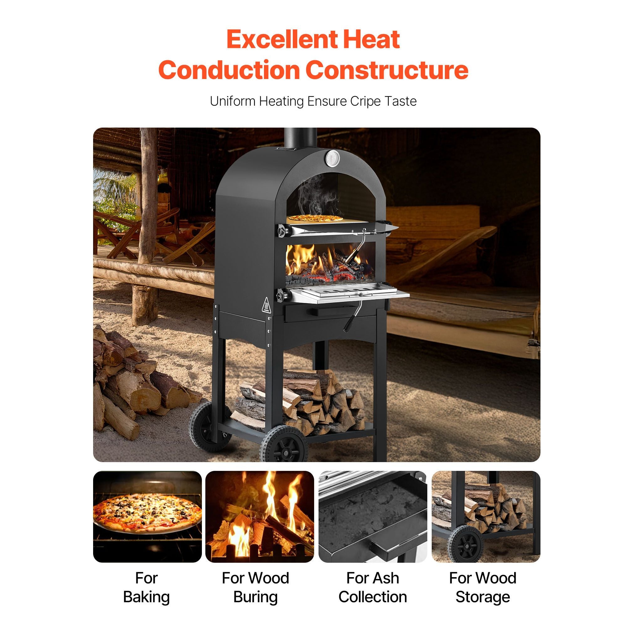 Outdoor Pizza Oven, 12" Pellet Fire Ovens, 2-Layer Pizza Oven Wood Fired, Wood Burning Outdoor Pizza-Oven with 2 Removable Wheels, 1000℉ Max Temperature Fired Pizza-Maker Ovens for Barbecue
