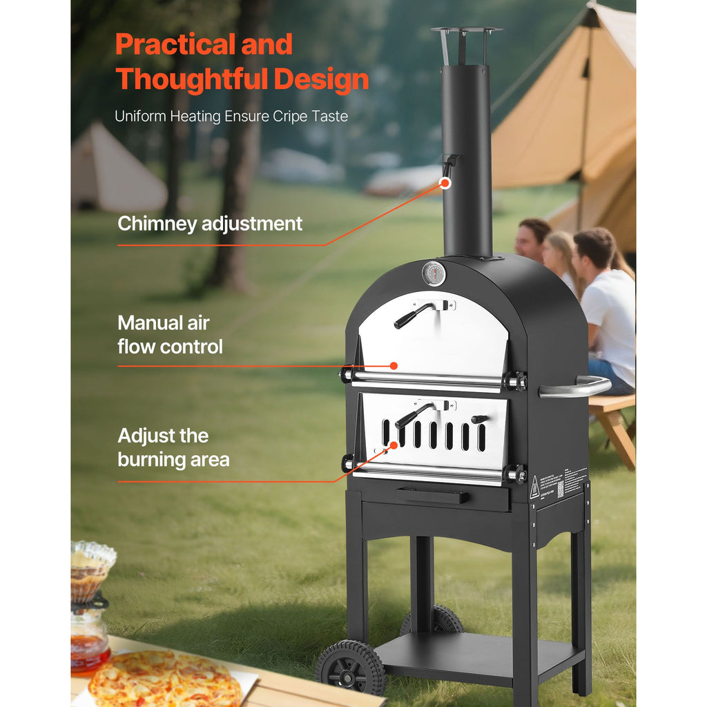 Outdoor Pizza Oven, 12" Pellet Fire Ovens, 2-Layer Pizza Oven Wood Fired, Wood Burning Outdoor Pizza-Oven with 2 Removable Wheels, 1000℉ Max Temperature Fired Pizza-Maker Ovens for Barbecue
