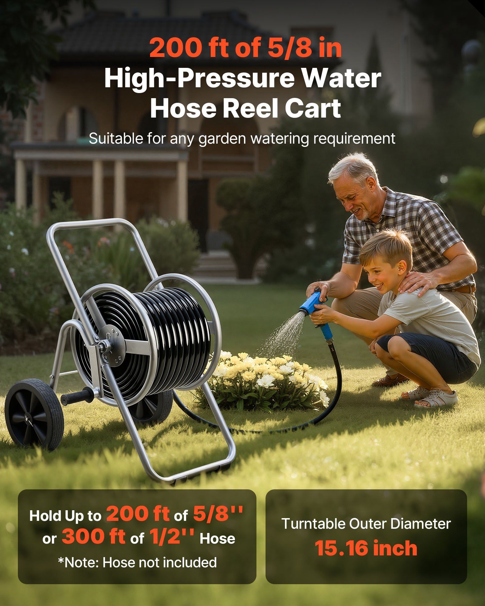 Water Hose Reel Cart, 6096/9144 cm High-Pressure Garden Hose Cart, Hoses Reel Carts with Two Wheels, Handle & Heavy-Duty Mesh Storage Basket, Portable Hoses Reels for Garden, Car, Pet Washing