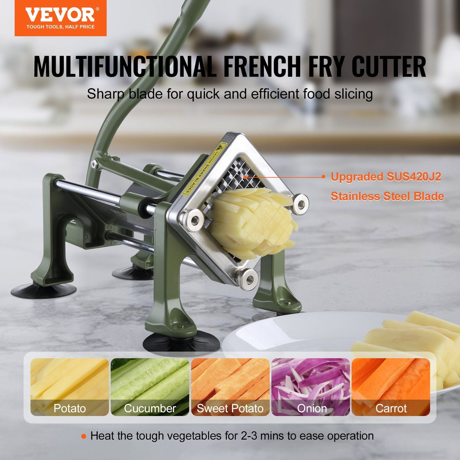 French Fry Cutter, Potato Slicer with 1/2" 3/8" 1/4" Stainless Steel Blades, Manual Potato Cutter Chopper with Suction Cups, Great for Potato, French Fries, Cucumber, Vegetables, Carrot Secondary image