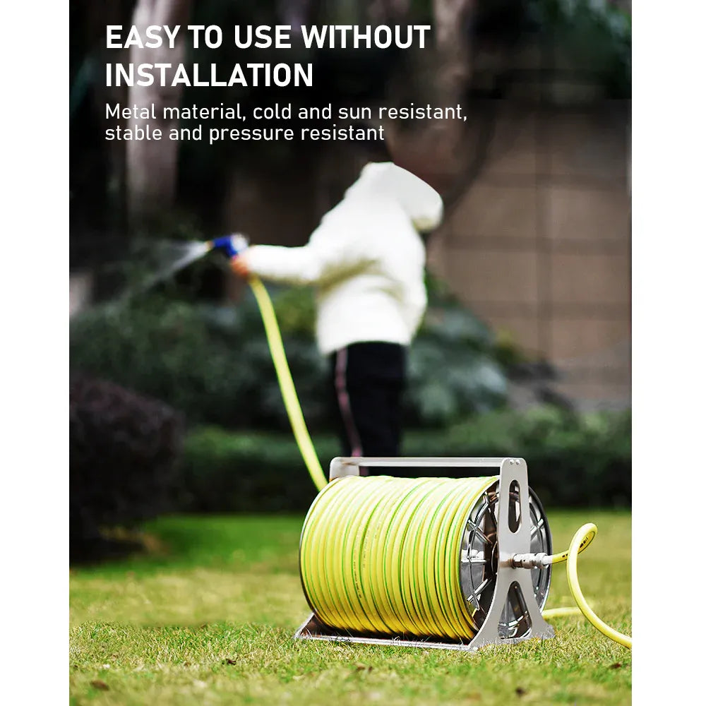 Large Stainless Steel Garden Hose Reel Cart Portable Pipe Holder Heavy Duty Water Pipe Storage Rack With Crank Handle for 1/2inch Hose up to 60M