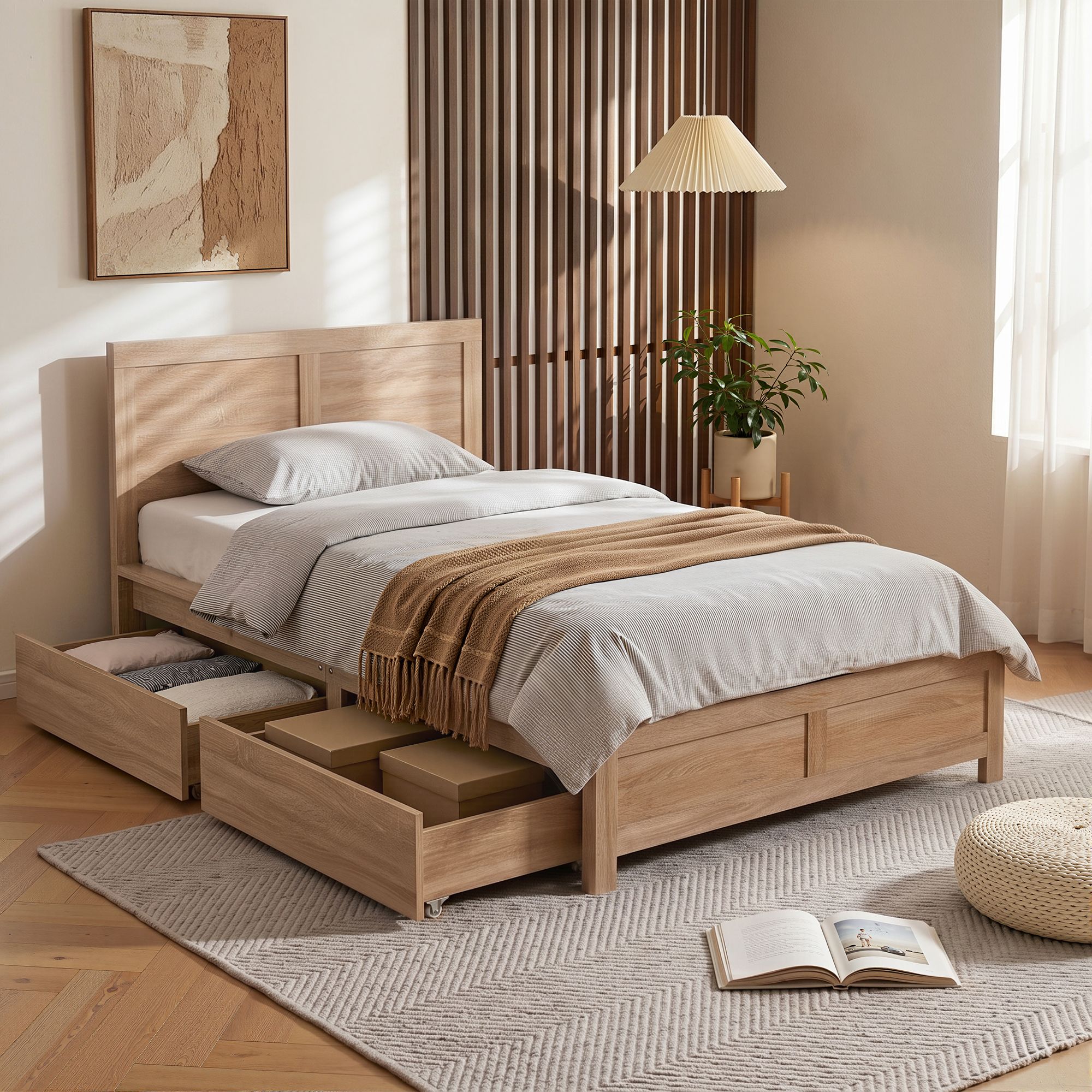 Single Bed Frame with 2 Drawers Wooden Bed Base Walnut Main image