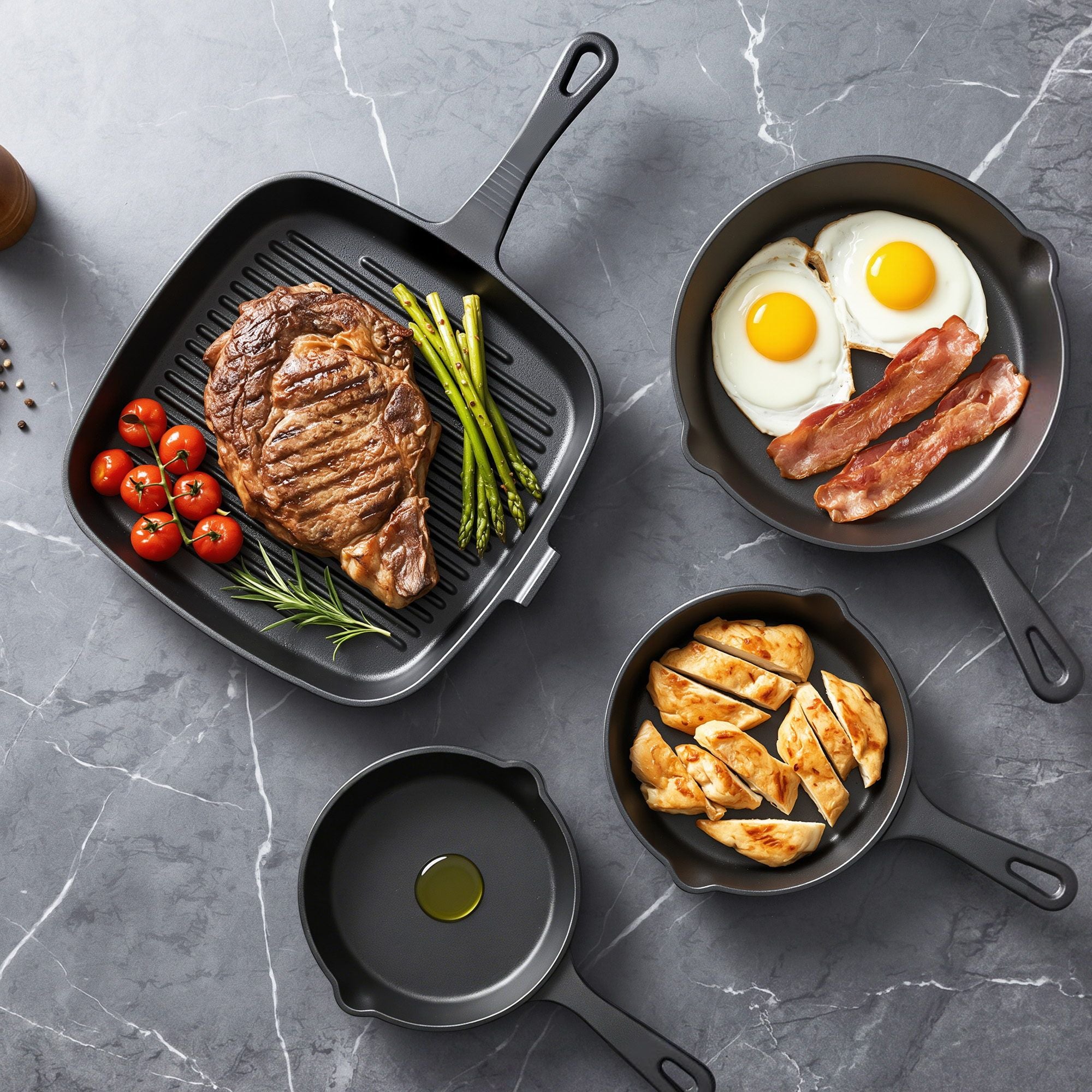 5-Star Chef Cast Iron Fry Pan Skillet Cookware Set Induction Black 14/16/20/24cm Hauptbild
