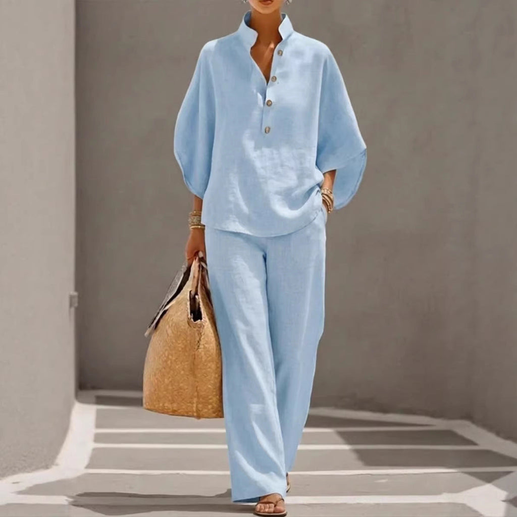 Women’s Short-sleeved Suit Summer Loose Pullover Top And Straight-leg Trousers Outfit Clothing - Womens Tracksuits