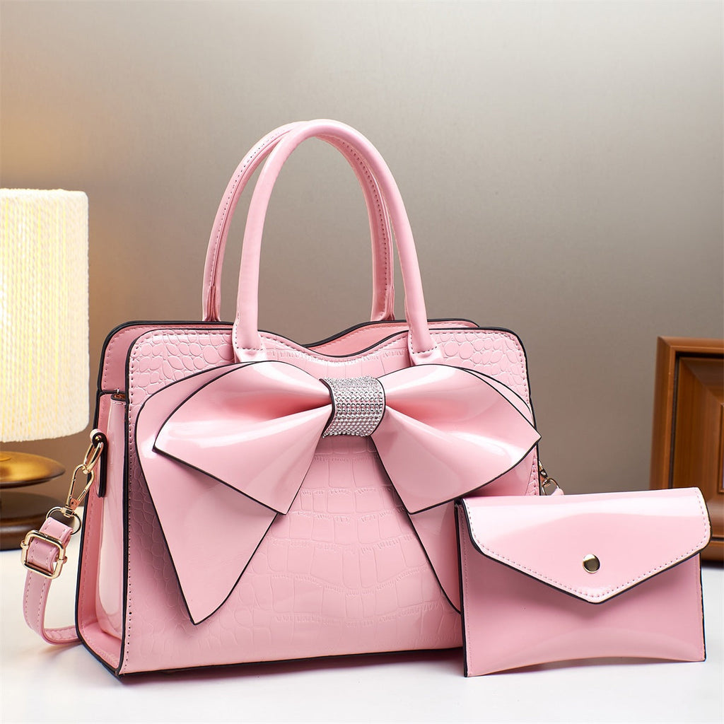 Fashionable Crocodile-Print Bow Bucket Bag Patent Leather Glossy Crossbody Bag - Pink - Bags Backpacks & Luggage