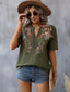 Fashion Flower Embroidered Lace-collared Short Sleeve Summer T-Shirt - Army Green / L - Womens Blouses & T-Shirts