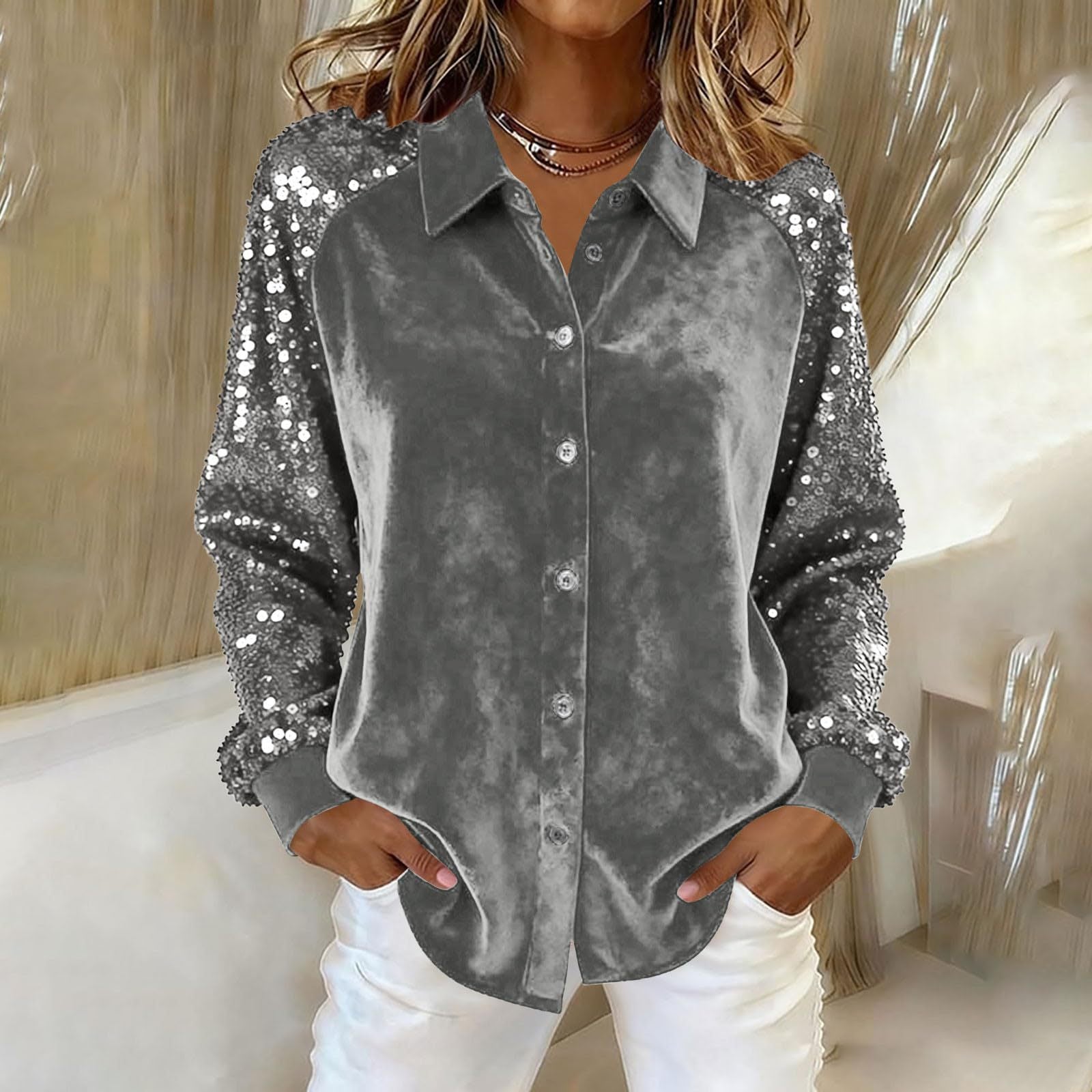Women's Sequinned Long-sleeved Solid Casual Blouse