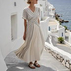 Women’s Loose Fit Striped Printing Dress - Casual Cotton Blend Summer Midi Dress For Daily Wear Holiday Outfit - Womens