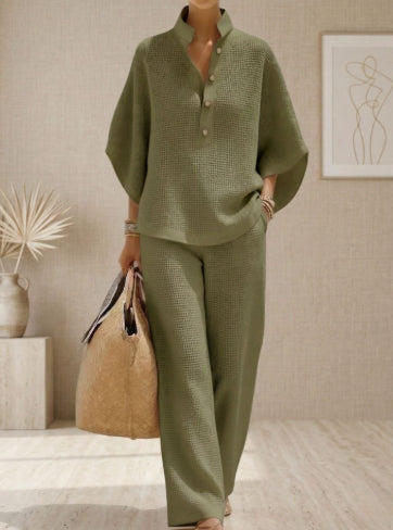 Women’s Short-sleeved Suit Summer Loose Pullover Top And Straight-leg Trousers Outfit Clothing - Green 2 / L - Womens
