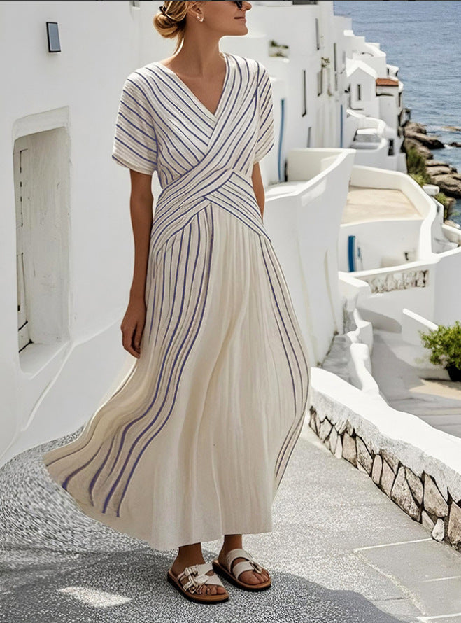 Women’s Loose Fit Striped Printing Dress - Casual Cotton Blend Summer Midi Dress For Daily Wear Holiday Outfit - Blue