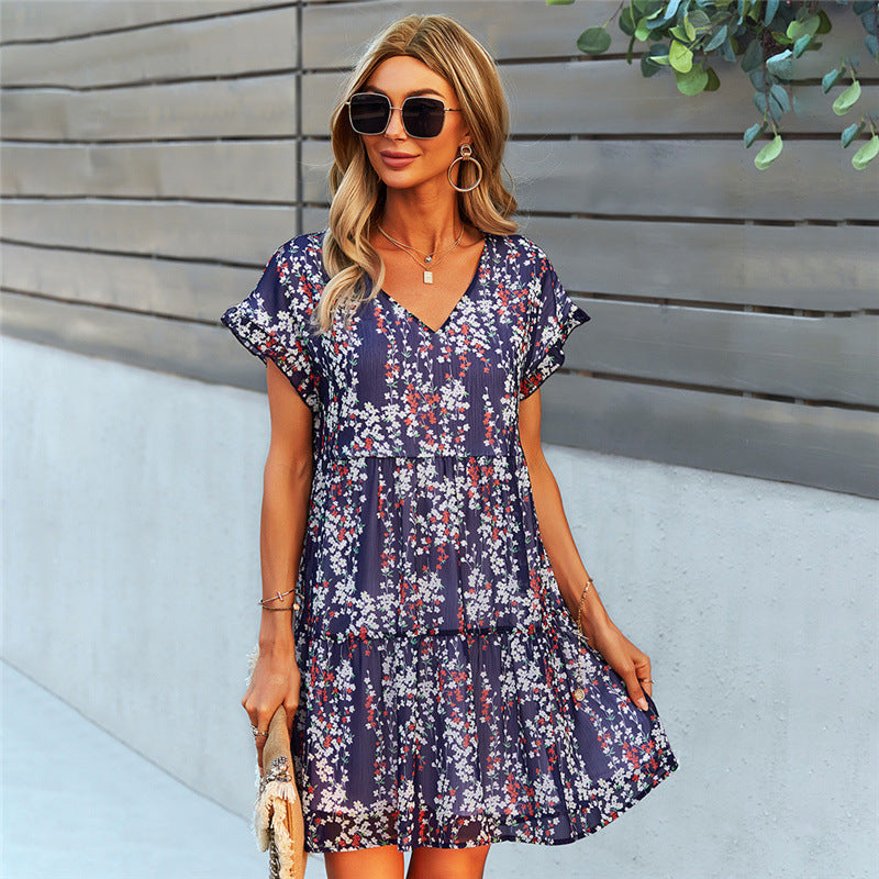 Women Ruffle Loose Short Dress Summer Chiffon Dress - Navy / L - Dresses