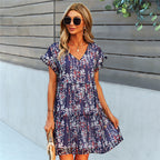 Women Ruffle Loose Short Dress Summer Chiffon Dress - Navy / L - Dresses