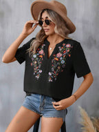 Fashion Flower Embroidered Lace-collared Short Sleeve Summer T-Shirt - Black / L - Womens Blouses & T-Shirts