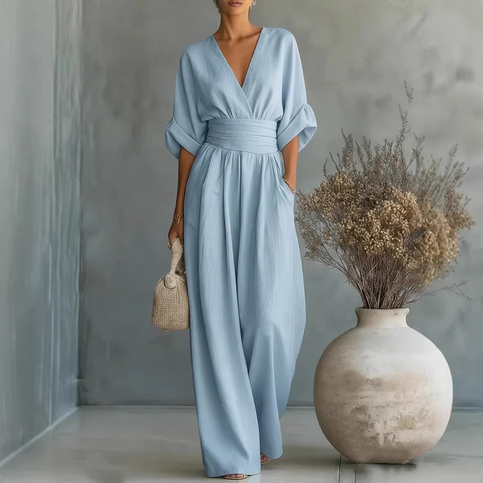 Waist-cinching V-neck Elegant Womens Jumpsuit Hauptbild