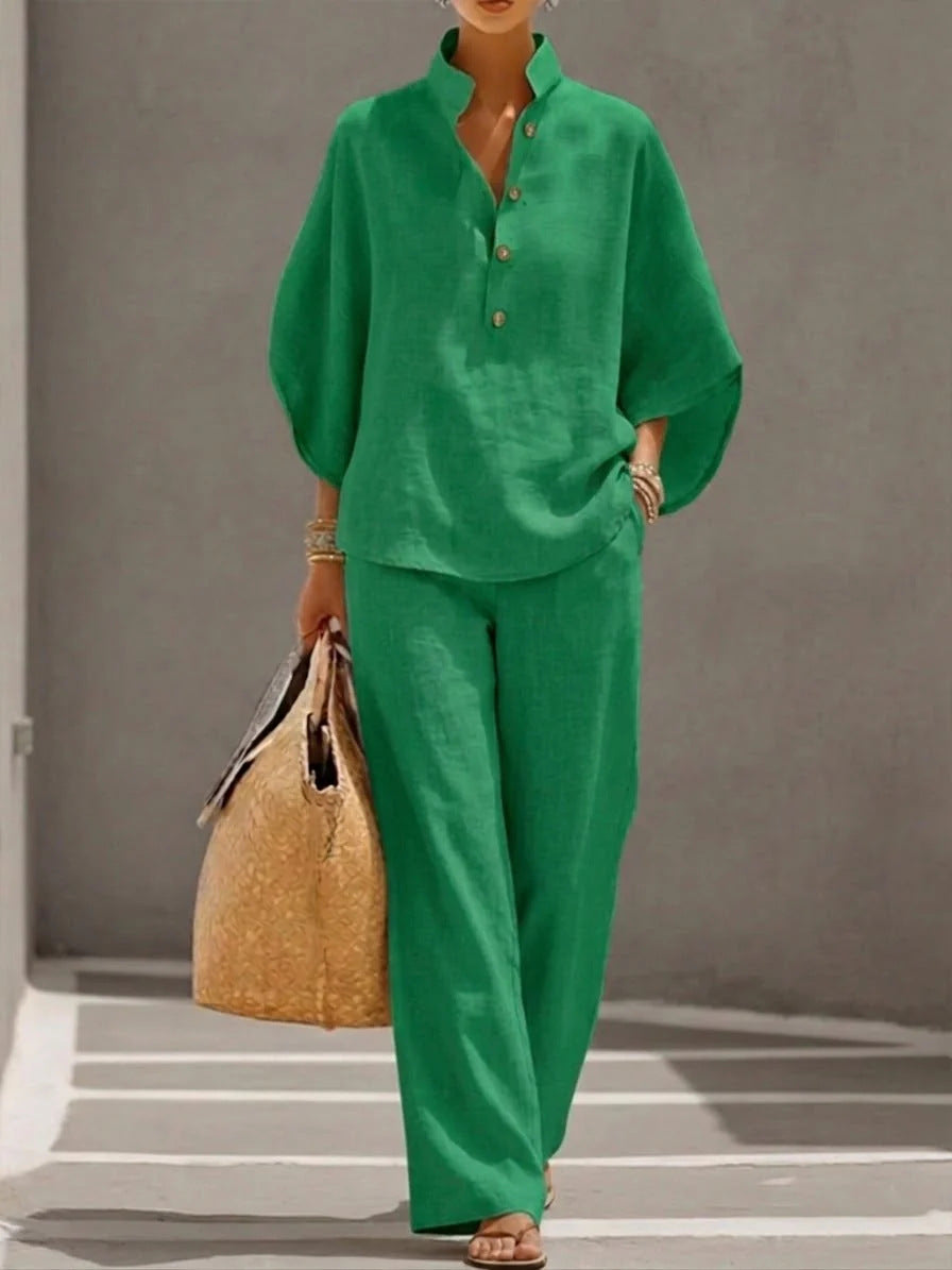 Women’s Short-sleeved Suit Summer Loose Pullover Top And Straight-leg Trousers Outfit Clothing - Green / 3XL - Womens