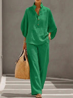 Women’s Short-sleeved Suit Summer Loose Pullover Top And Straight-leg Trousers Outfit Clothing - Green / 3XL - Womens