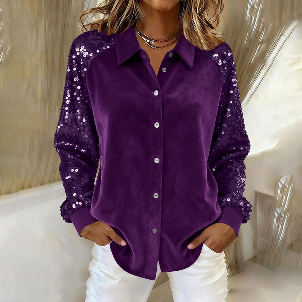 Women's Sequinned Long-sleeved Solid Casual Blouse