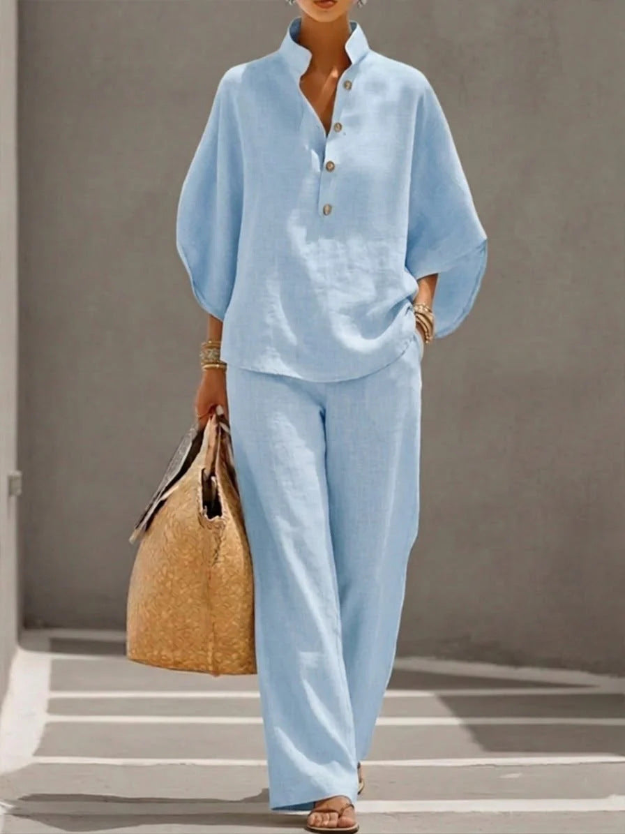 Women’s Short-sleeved Suit Summer Loose Pullover Top And Straight-leg Trousers Outfit Clothing - Light Blue / 3XL