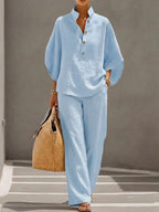 Women’s Short-sleeved Suit Summer Loose Pullover Top And Straight-leg Trousers Outfit Clothing - Light Blue / 3XL