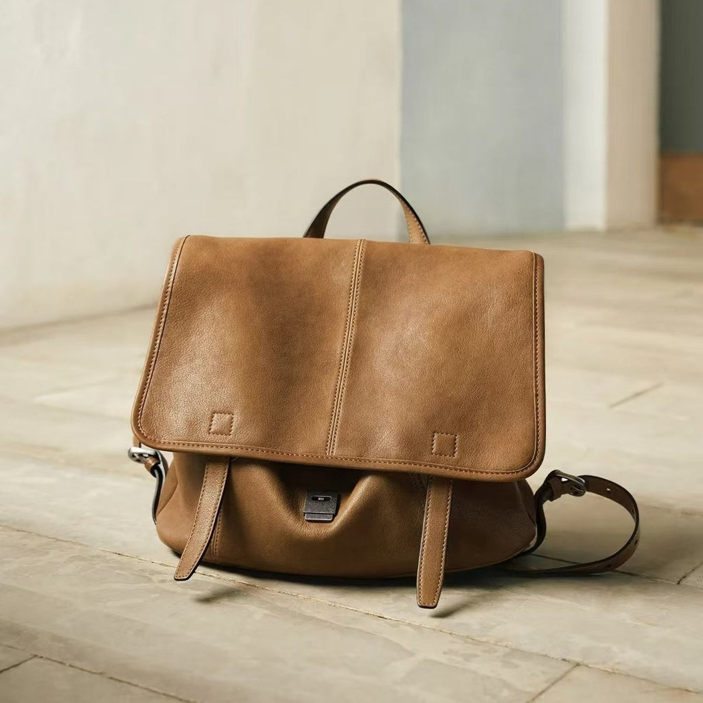 Vegetable-Tanned Leather Messenger Backpack - Elephant Gray / Large Size - Bags Backpacks & Luggage