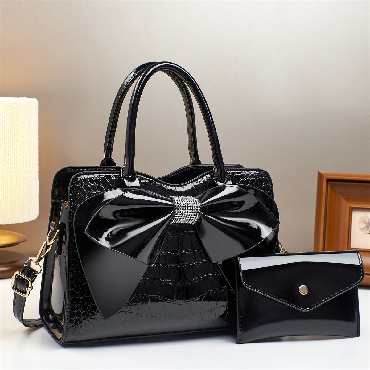 Fashionable Crocodile-Print Bow Bucket Bag Patent Leather Glossy Crossbody Bag - Black - Bags Backpacks & Luggage