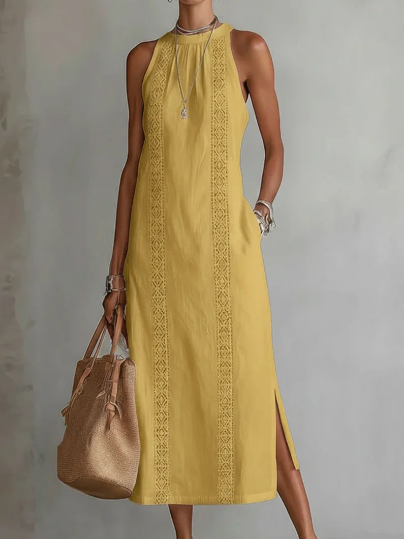 Women’s Halter Neck Sleeveless Dress Lace Patchwork Holiday Style Summer Top - Yellow / 2XL - Womens Dresses