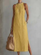 Women’s Halter Neck Sleeveless Dress Lace Patchwork Holiday Style Summer Top - Yellow / 2XL - Womens Dresses