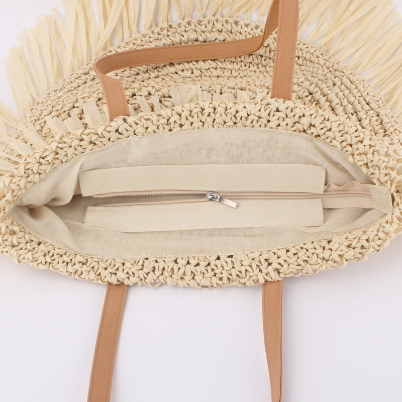 Semi-circular Tassel Straw Shoulder Bag With Tassels And Paper Trim - Bags Backpacks & Luggage