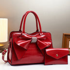 Fashionable Crocodile-Print Bow Bucket Bag Patent Leather Glossy Crossbody Bag - Red - Bags Backpacks & Luggage