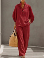 Women’s Short-sleeved Suit Summer Loose Pullover Top And Straight-leg Trousers Outfit Clothing - Wine Red / 3XL