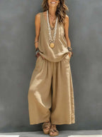 Womens Solid-Colored Casual Sleeveless Tank Top And Wide-Leg Pants Cotton-Linen Set For Daily Wear Holiday Outfit