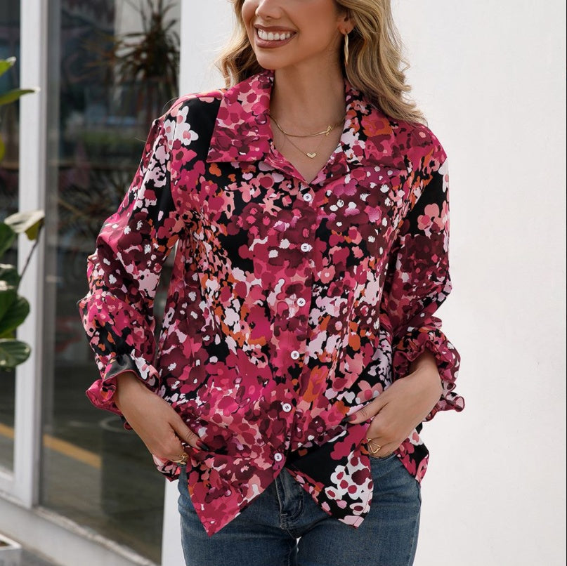 Loose Casual Printed Single-breasted Lapel Shirt
