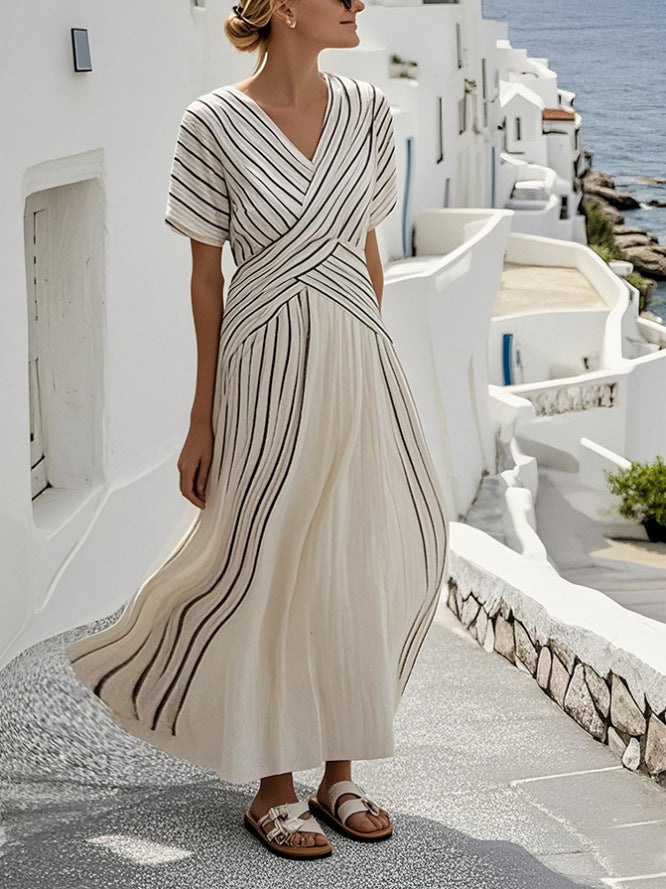 Women’s Loose Fit Striped Printing Dress - Casual Cotton Blend Summer Midi Dress For Daily Wear Holiday Outfit - Black
