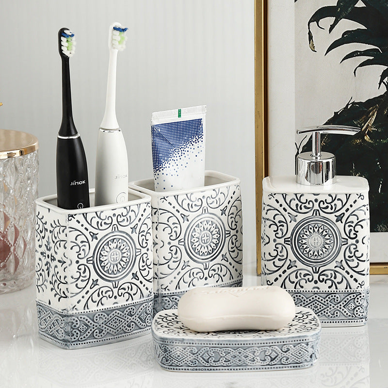 Bohemian Style Ceramic Sanitary Ware Sets - Square Lotion Bottle Gargle Cup Toothbrush Holder - Bathroom Sets