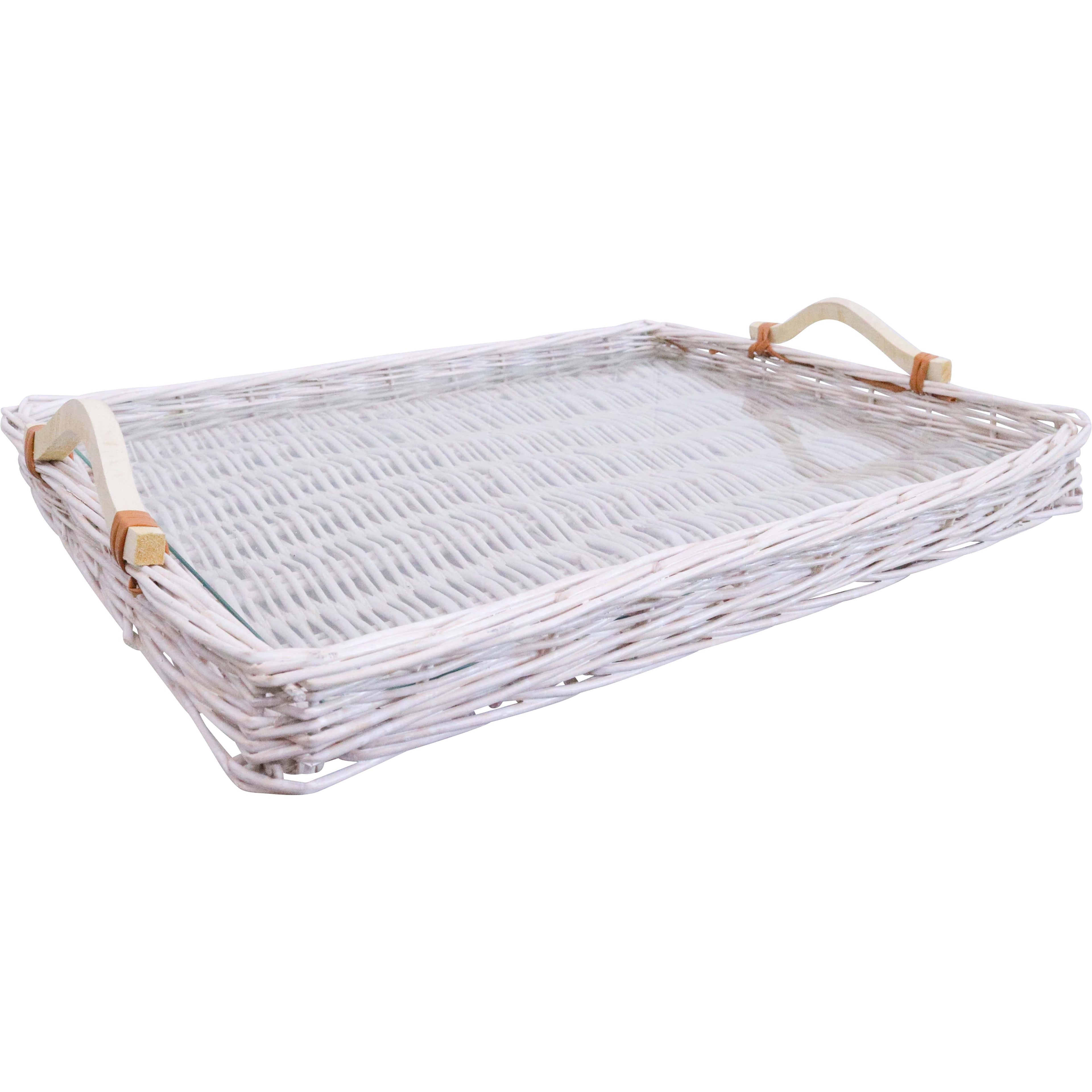 Tray Woven Xl White W/glass | 54 x 40 x 5 cm