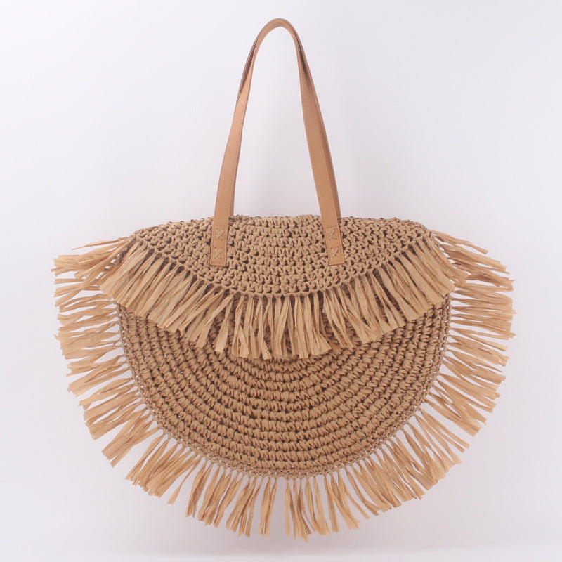 Semi-circular Tassel Straw Shoulder Bag With Tassels And Paper Trim - Bags Backpacks & Luggage