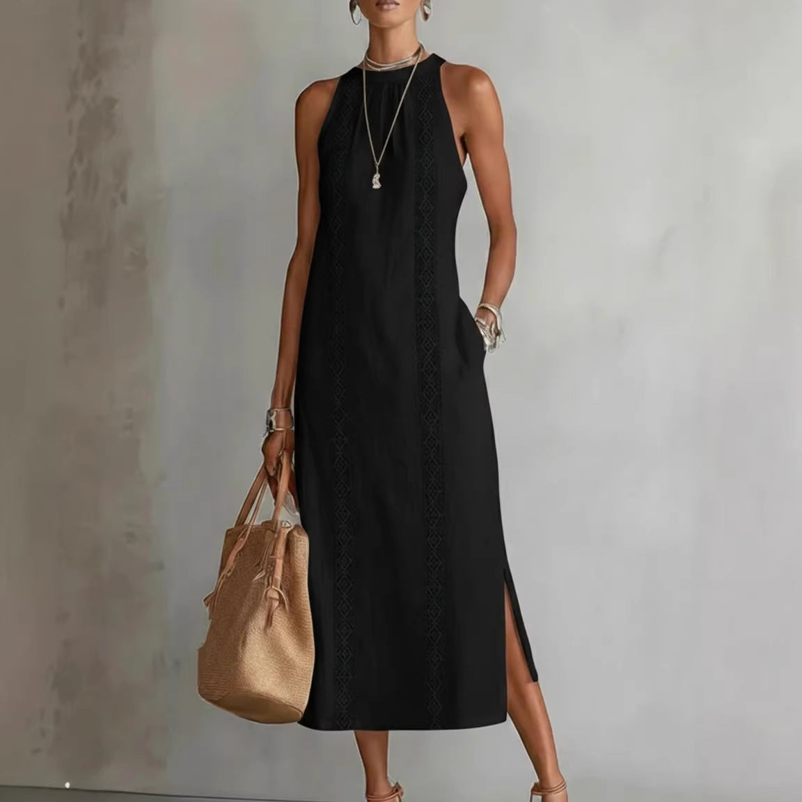 Women’s Halter Neck Sleeveless Dress Lace Patchwork Holiday Style Summer Top - Womens Dresses